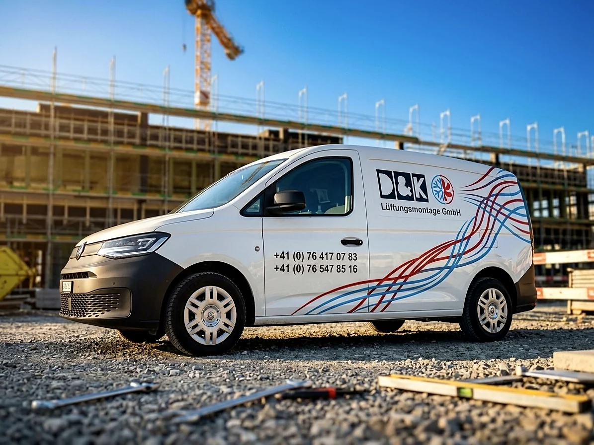 Firmenwagen der D&K Lüftungsmontage GmbH auf einer Baustelle